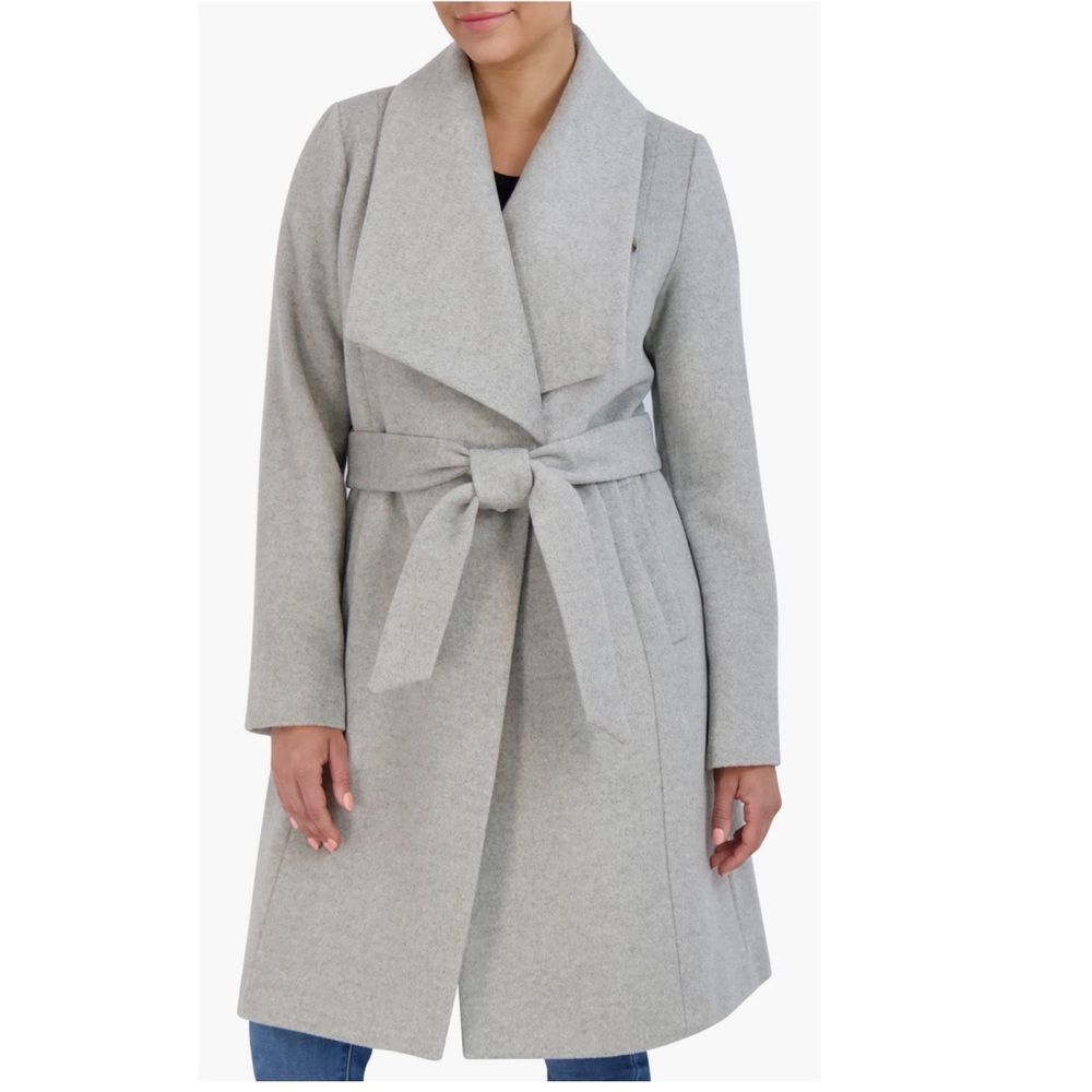 Cole Haan Signature Slick Wool Blend Wrap Shawl Collar Coat, Gray, Size 14, NWT - Picture 3 of 10